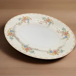 National China Oval Serving Platter Floral Gold Trim White Ceramic Country VTG